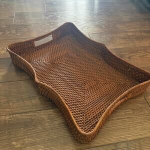 Williams Sonoma Tea Tray Scalloped Brown Wicker 15 x 21 Coffee Table Decor